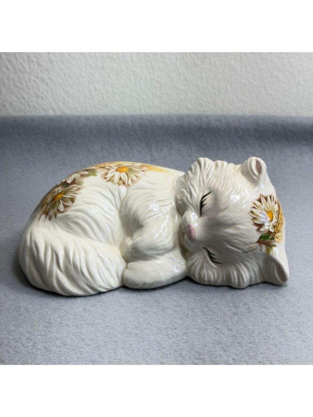 Vintage Lefton Ceramic Sleeping Cat Wall Plaque Daisy Wheat Figurine 1629 - Picture 5 of 13